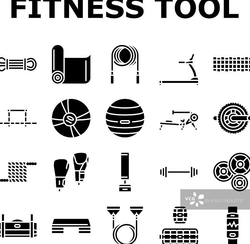 健身工具哑铃和壶铃图标集图片素材