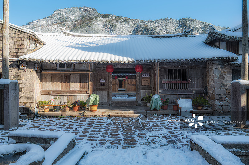 浙江温州乐清雁荡山仙溪古镇雪景图片素材