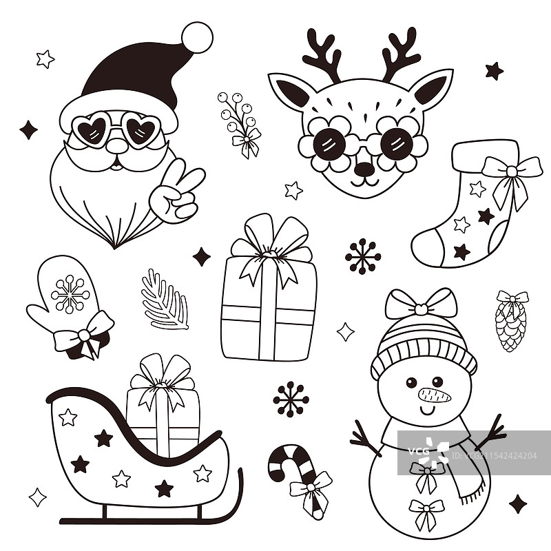 一组孤立的复古圣诞老人驯鹿插图图片素材