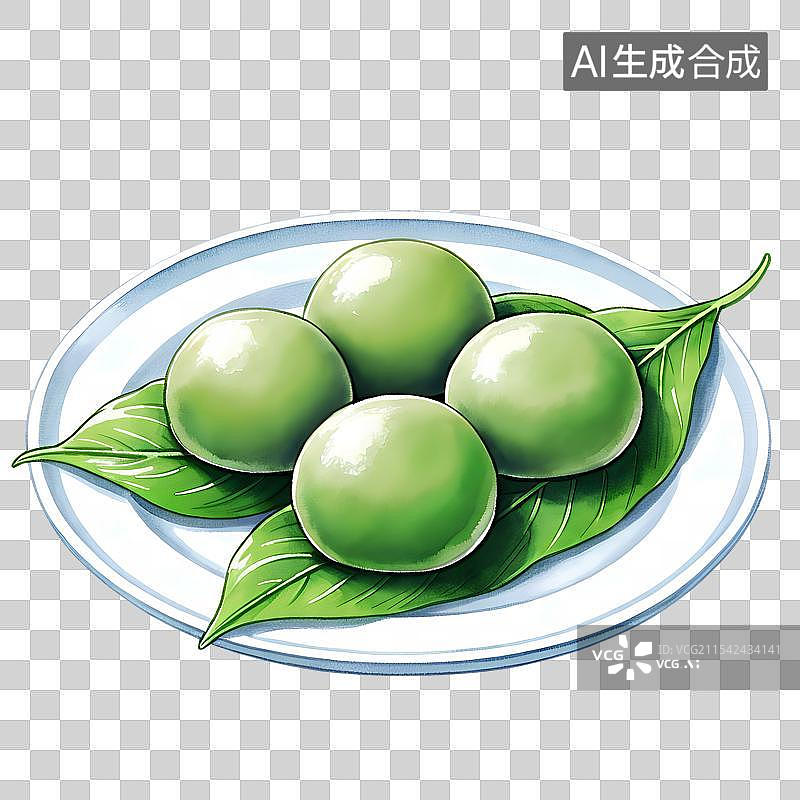 【AI数字艺术】国风手绘插画，清明节美食，青团，艾草糍粑，点心，甜点，糕点，茶果子，中国传统美食免抠元素图片素材