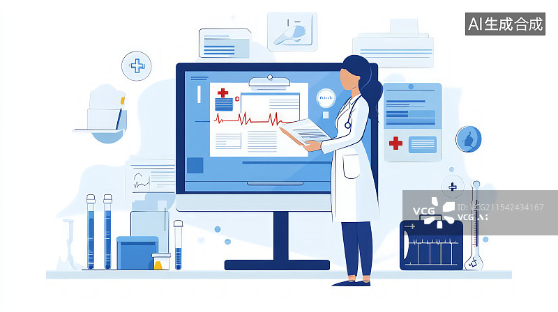 【AI数字艺术】医生通过线上医疗咨询诊断插画，互联网医疗概念图片素材