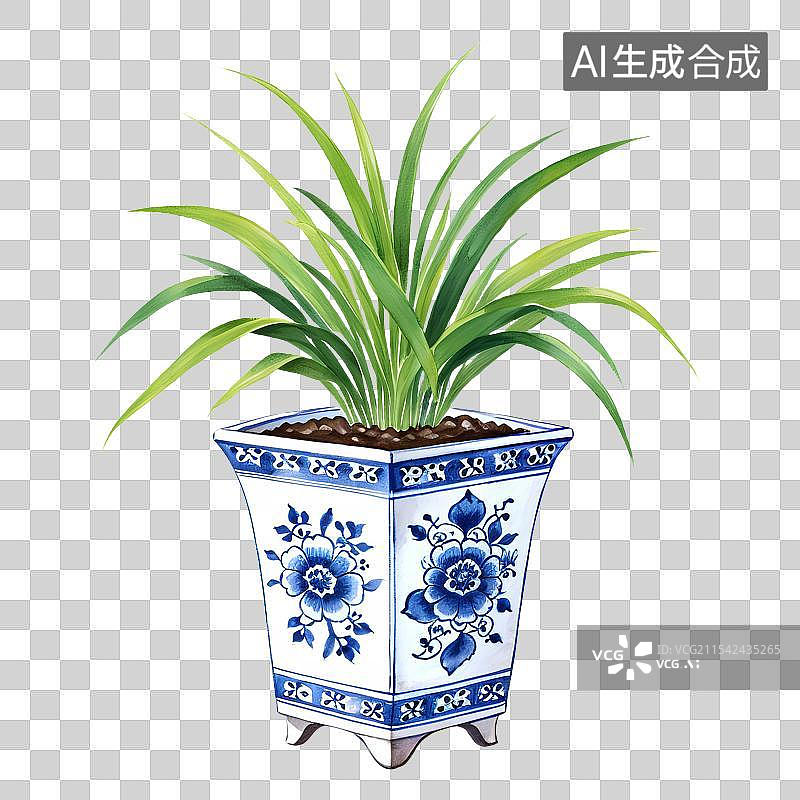 【AI数字艺术】国风手绘插画，中式文房摆件，青花瓷花盆里的菖蒲，兰草，盆栽免抠元素图片素材