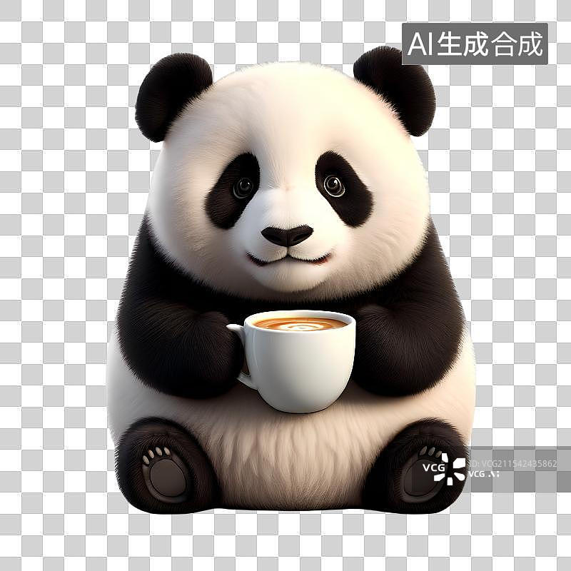 【AI数字艺术】3D渲染卡通动物，熬夜喝咖啡的大熊猫，国宝熊猫喝卡布奇诺，免抠元素图片素材