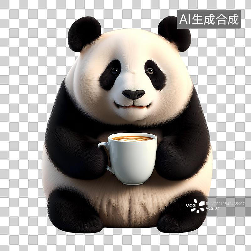 【AI数字艺术】3D渲染卡通动物，熬夜喝咖啡的大熊猫，国宝熊猫喝卡布奇诺，免抠元素图片素材