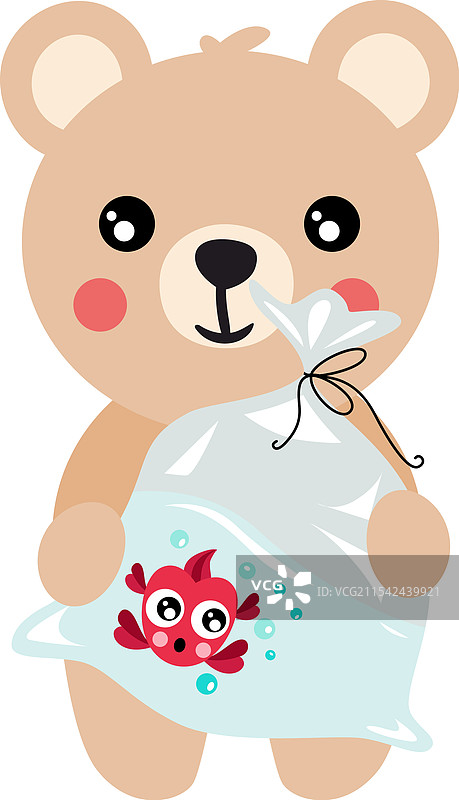 搞笑的泰迪熊抱着一个装有鱼的塑料袋图片素材