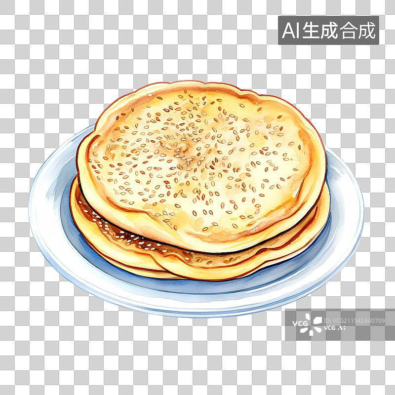 【AI数字艺术】国风手绘插画，中式传统美食小吃，芝麻煎饼，梅菜扣肉饼，锅盔烙饼面食免抠元素图片素材