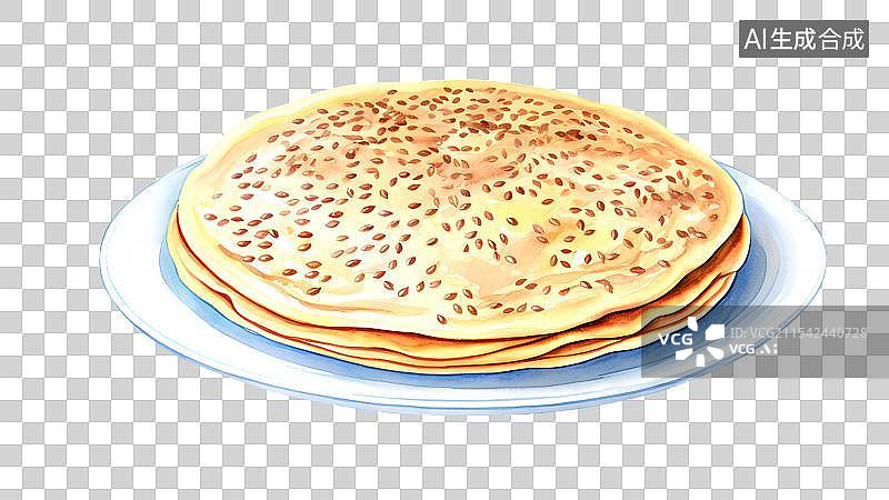 【AI数字艺术】国风手绘插画，中式传统美食小吃，芝麻煎饼，梅菜扣肉饼，锅盔烙饼面食免抠元素图片素材