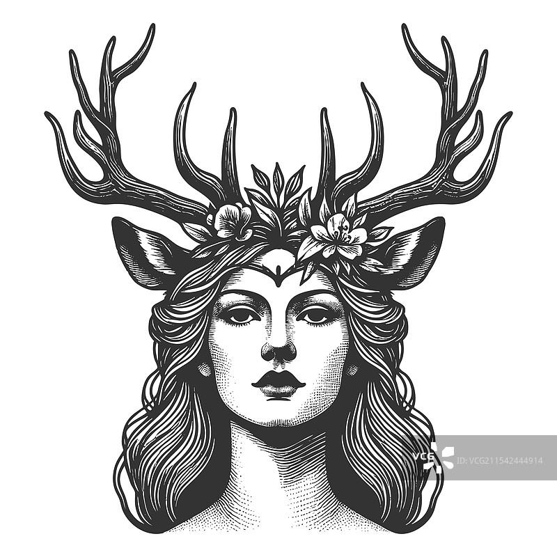 带有鹿角和花冠的女性雕刻图案图片素材