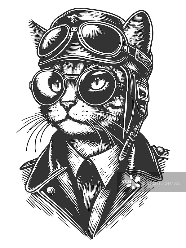 飞行员猫穿着飞行员装备的雕刻图案图片素材