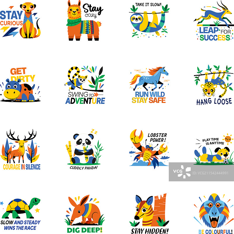 一组扁平风格的野生动物贴纸图片素材