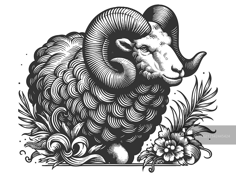 雄伟的卷角公羊雕刻图片素材