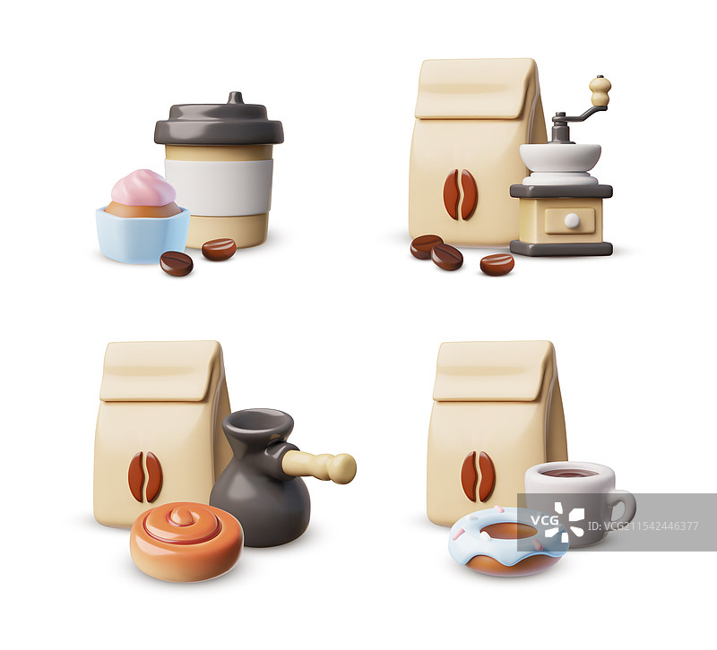 3D外卖拿铁杯纸袋与咖啡豆图片素材