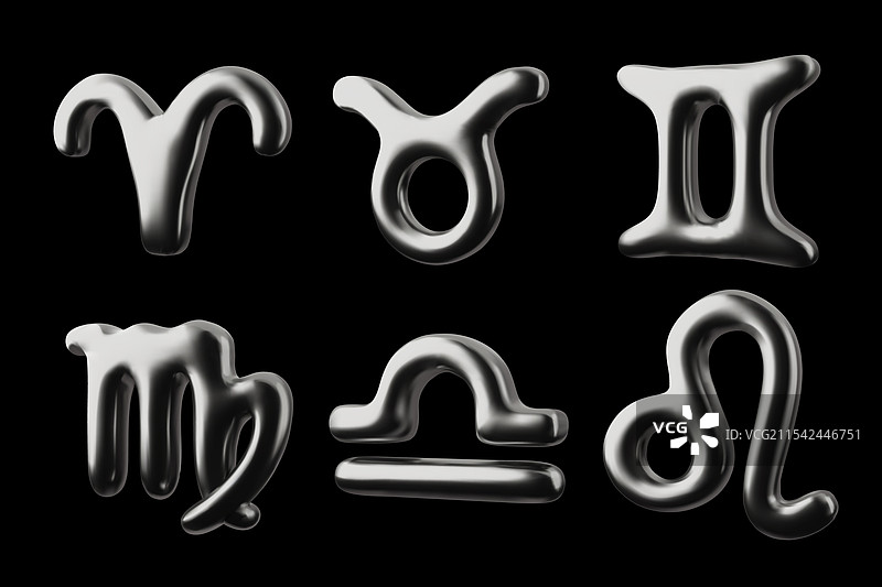 一组3D星座标志，光泽铬效果金属材质图片素材