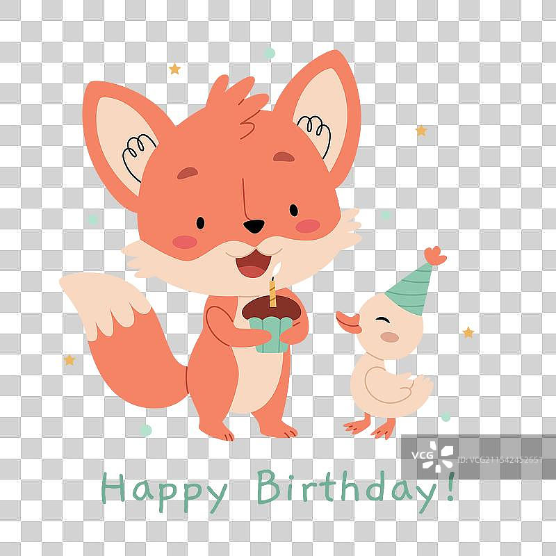 生日卡片上的儿童角色：狐狸和鸭子图片素材