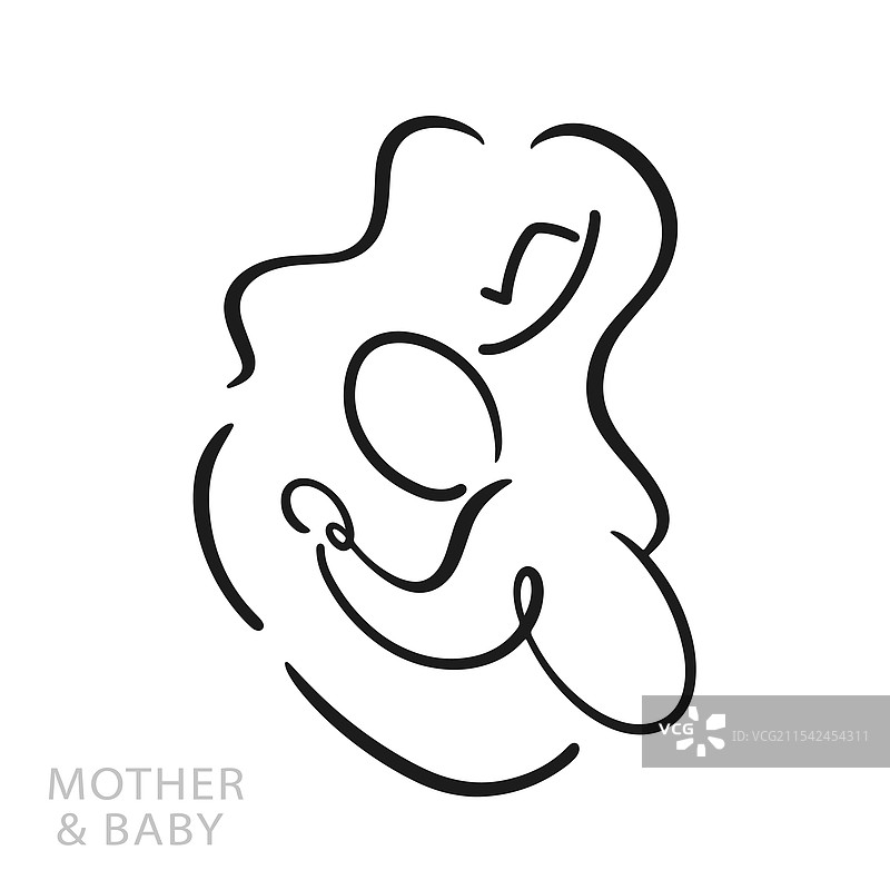 母亲与婴儿的单线艺术画，哺乳中图片素材
