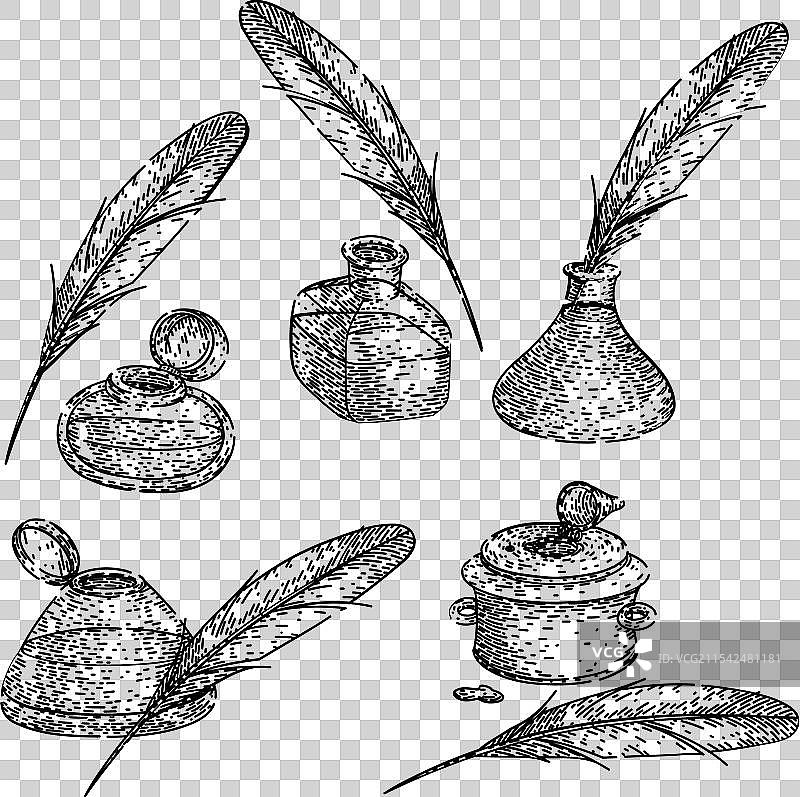手绘墨水瓶套装素描图片素材