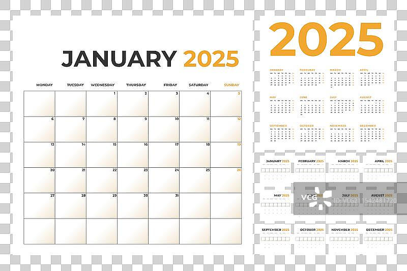 2025年日历模板，周一开始图片素材