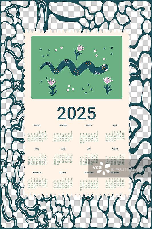 2025年日历，配有可爱的蛇和花朵图片素材