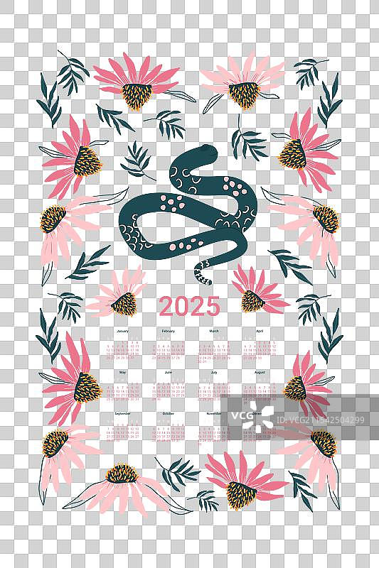 2025年蛇与花卉的竖版日历图片素材