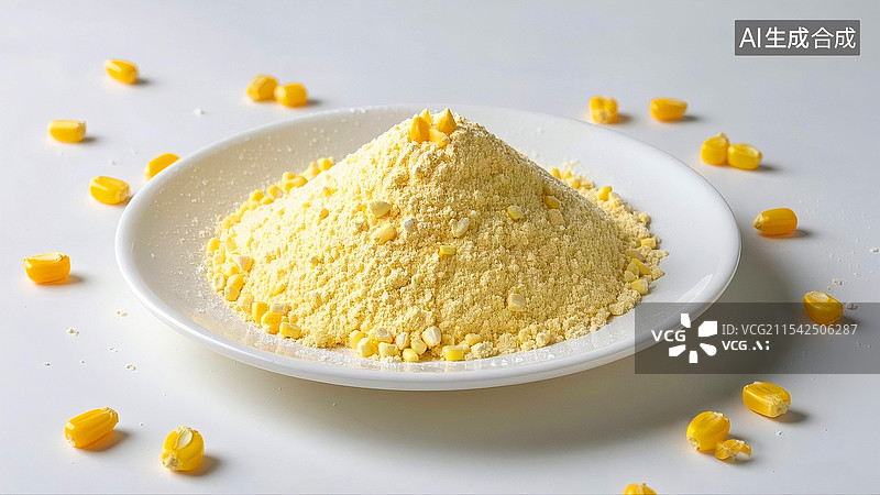 【AI数字艺术】白色瓷盘内装满一盘玉米面粉图片素材