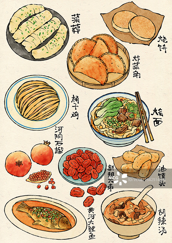 河南郑州美食国风插画图片素材