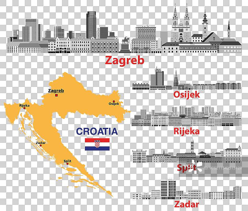 克罗地亚主要城市的灰度天际线图片素材