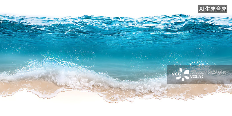 【AI数字艺术】惊艳的水下全景，展现蓝色海洋波浪、沙质海底和独立白色背景，细节丰富，完美适合水下或海洋主题设计。图片素材