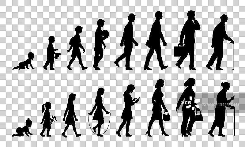 不同年龄段的人类黑色剪影集合图片素材