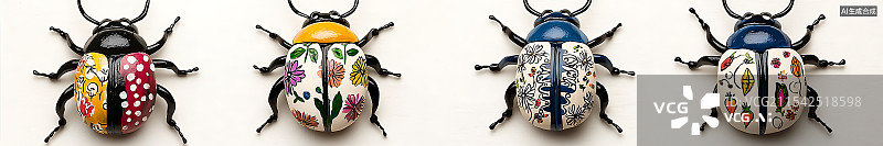 【AI数字艺术】四个彩绘甲虫雕塑，带有精致的花卉和动物图案，柔和色彩搭配白色背景，结合珠宝、蔬菜元素和精美的细节描绘图片素材