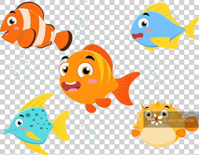 一组可爱的海洋鱼类卡通图案，独立展示图片素材