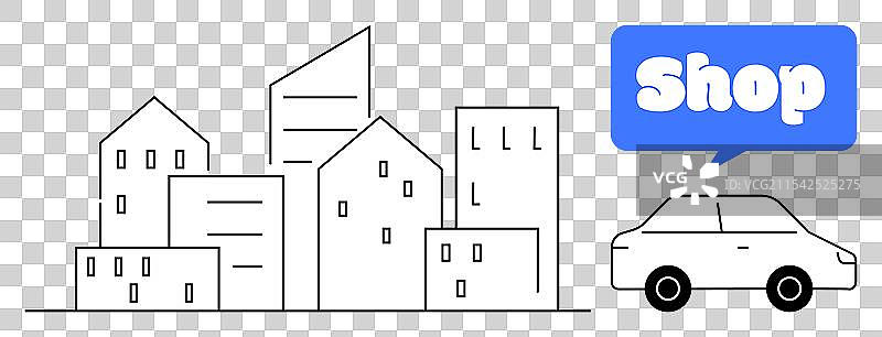 极简城市风景，带有商店招牌和汽车图片素材