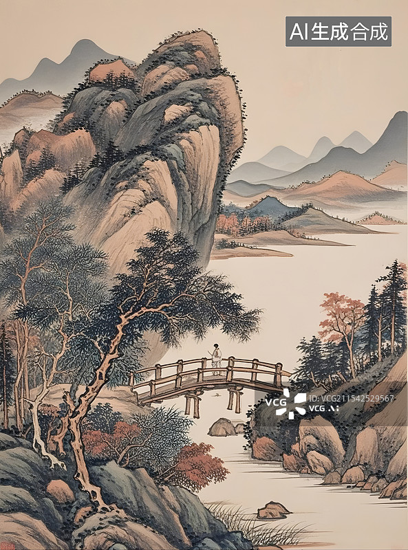 【AI数字艺术】国画高山流水小桥图片素材