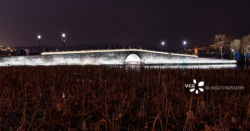 冬日夜色中的杭州西湖断桥与残荷图片素材