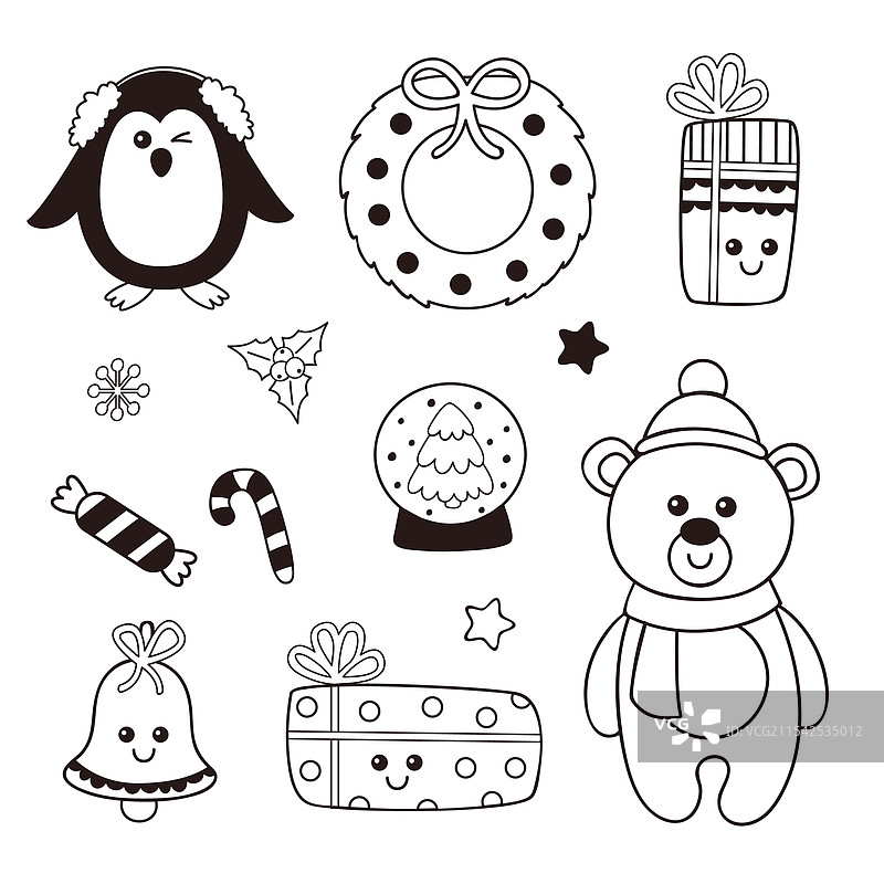 孤立的企鹅和北极熊礼品轮廓集图片素材