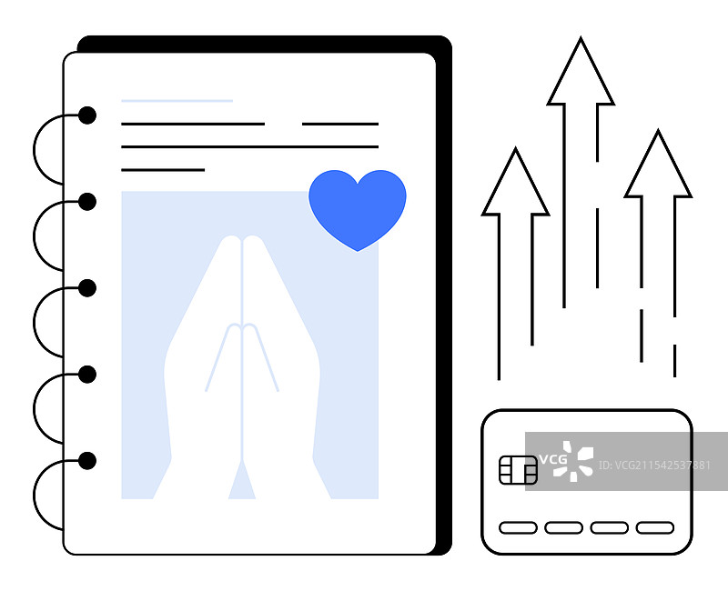 带有祈祷双手和蓝色心形的数字笔记本图片素材