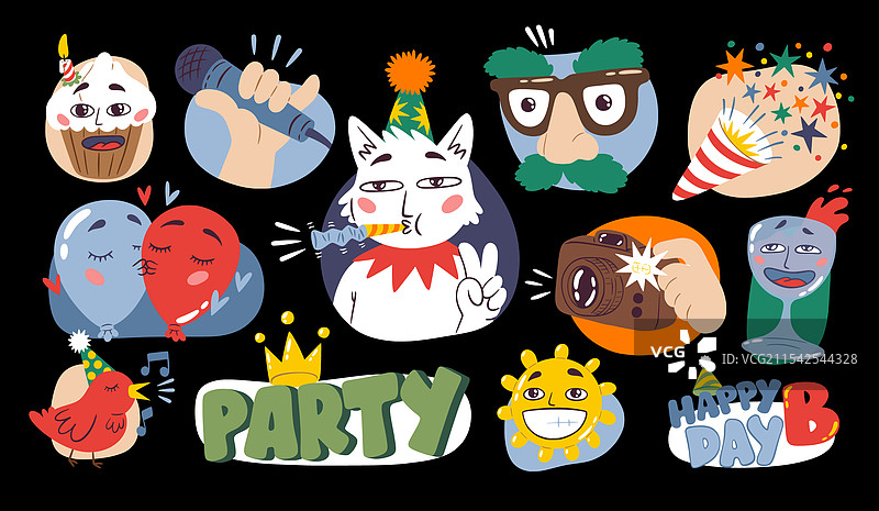 可爱的生日派对角色搞笑贴纸图片素材