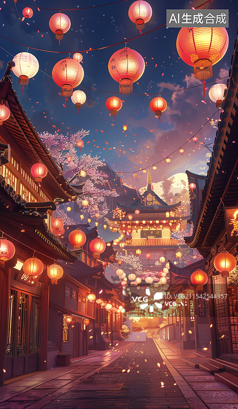【AI数字艺术】挂满灯笼的中国古建筑图片素材