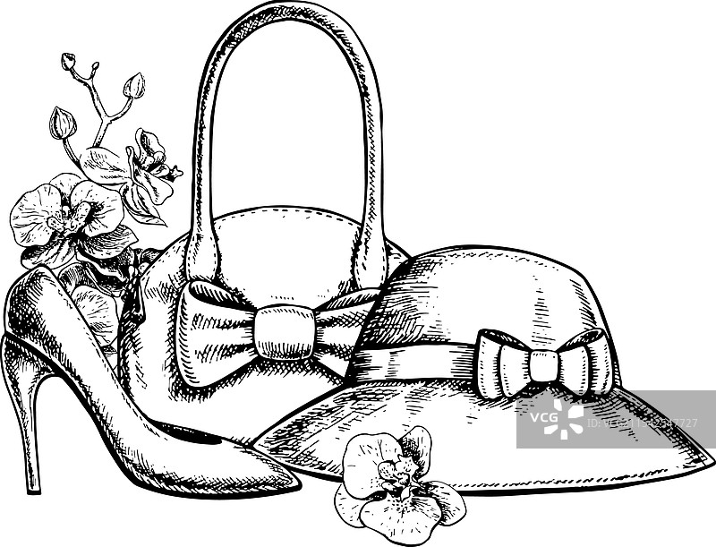 一只女士手提包、一顶帽子和高跟鞋图片素材