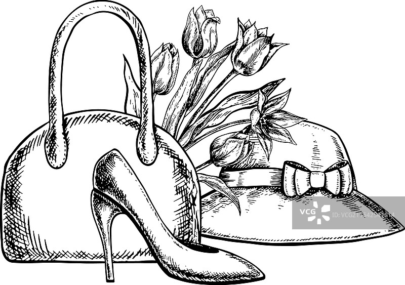 一只女士手提包、一顶帽子和高跟鞋图片素材