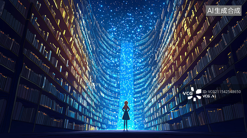 【AI数字艺术】夜晚星空下图书馆的人图片素材
