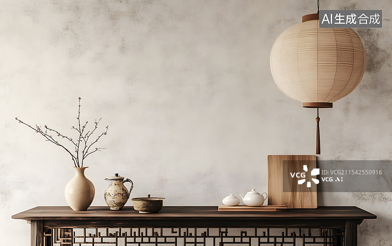 【AI数字艺术】室内家具效果图中式茶桌茶壶杯子灯植物盆栽茶室茶艺生活图片素材
