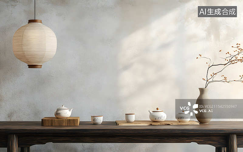【AI数字艺术】室内家具效果图中式茶桌茶壶杯子灯植物盆栽茶室茶艺生活图片素材