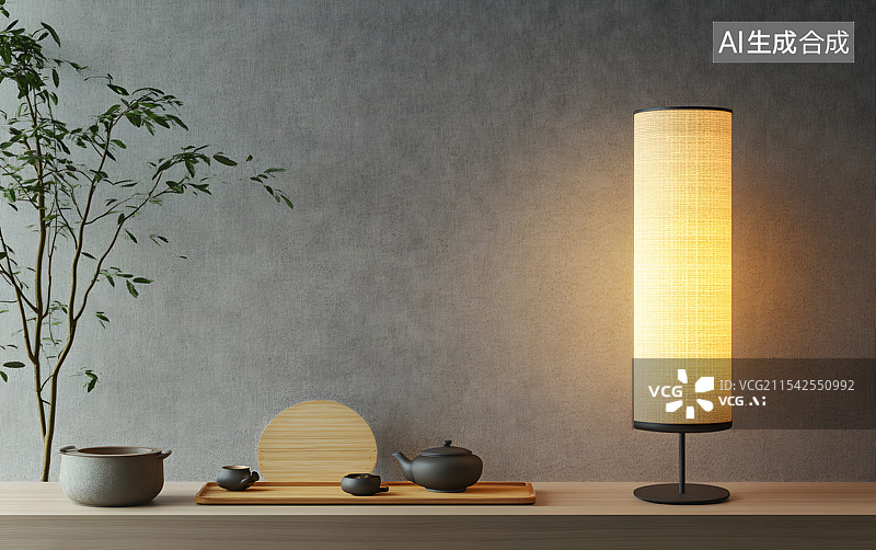 【AI数字艺术】室内家具效果图中式茶桌茶壶杯子灯植物盆栽茶室茶艺生活图片素材