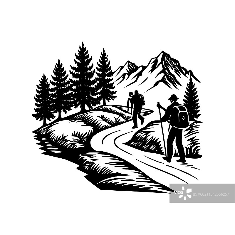 背包客在大自然中的山川小径上行走图片素材