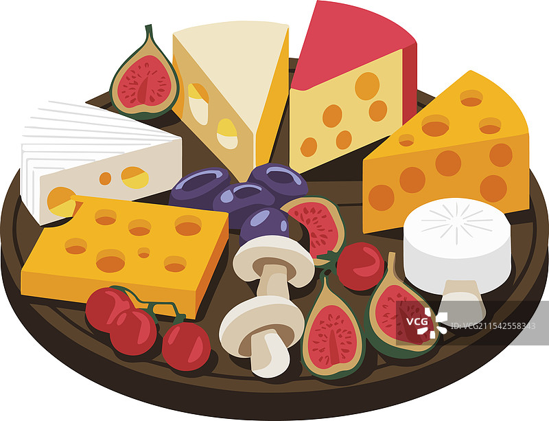 色彩缤纷的奶酪和水果拼盘放在木桌上图片素材