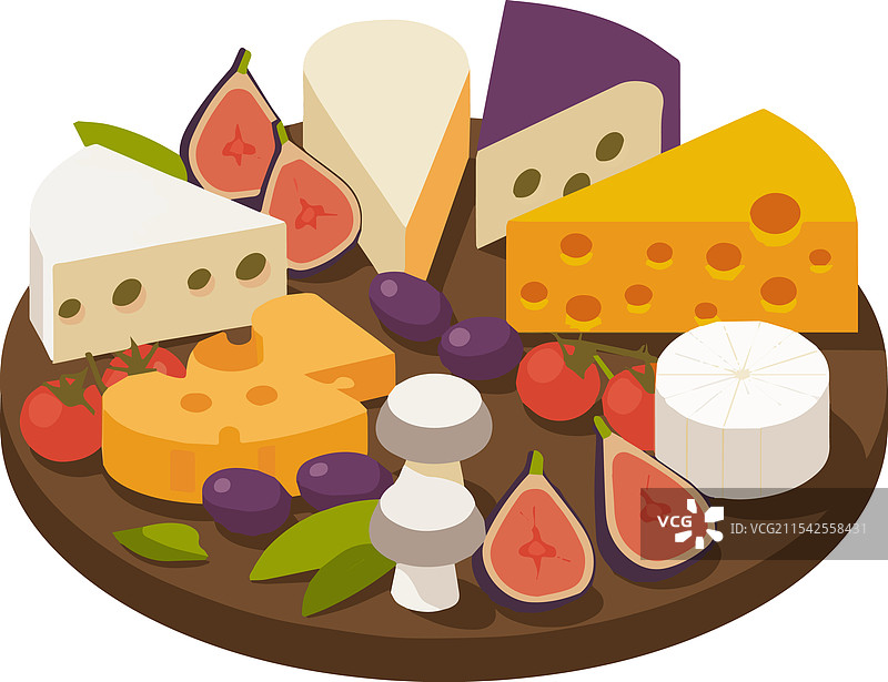 色彩缤纷的奶酪和水果拼盘放在木桌上图片素材