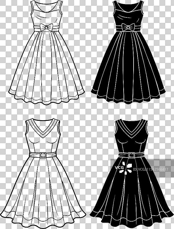 一组线条连衣裙的技术时尚线稿图片素材