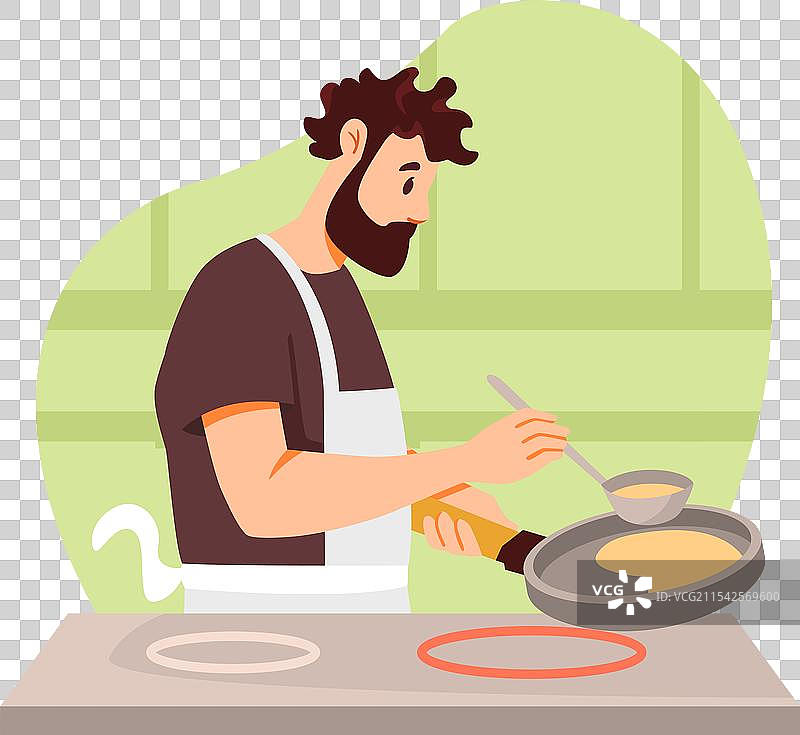 男人在家用平底锅煎煎饼图片素材