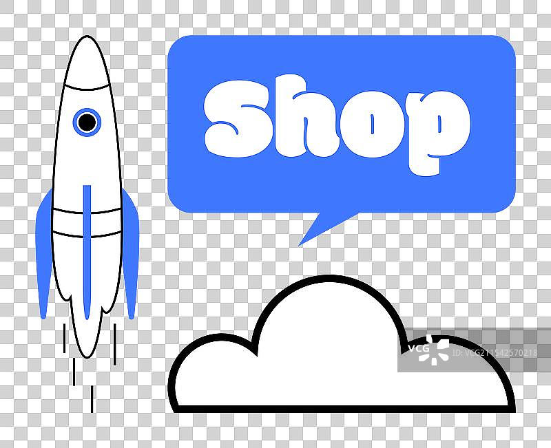 蓝色对话框中的商店文字与火箭和云彩图片素材