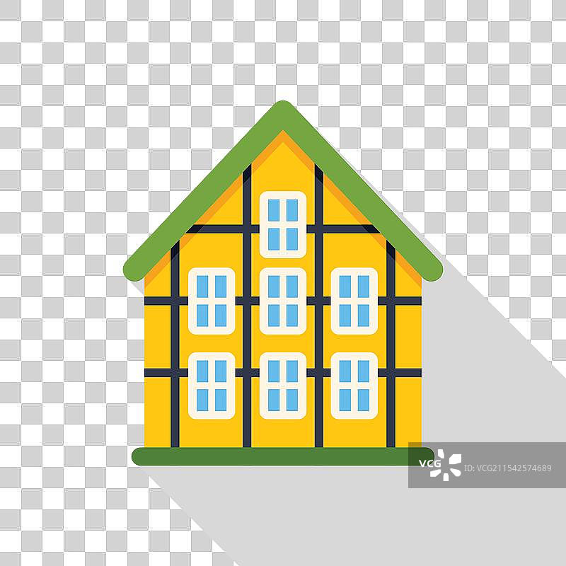 黄色的半木结构房屋，带有绿色屋顶图片素材